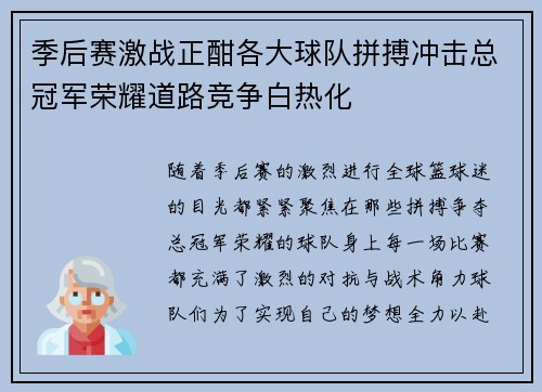 季后赛激战正酣各大球队拼搏冲击总冠军荣耀道路竞争白热化
